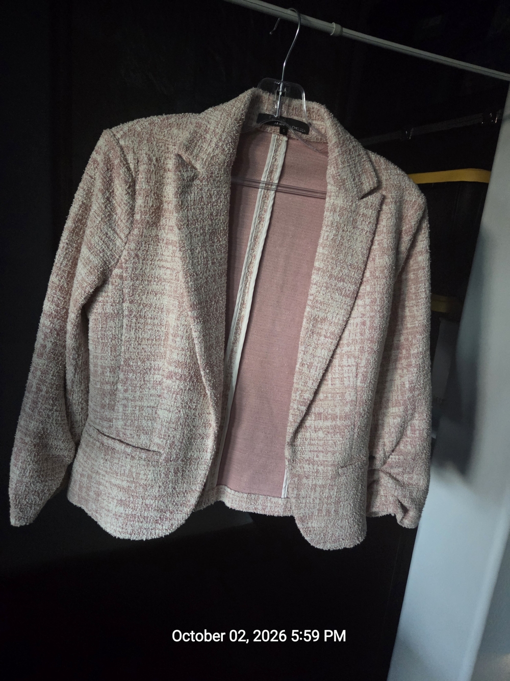 Amanda & Chelsea Women's Pink Bouclé Blazer, Ruched Sleeves